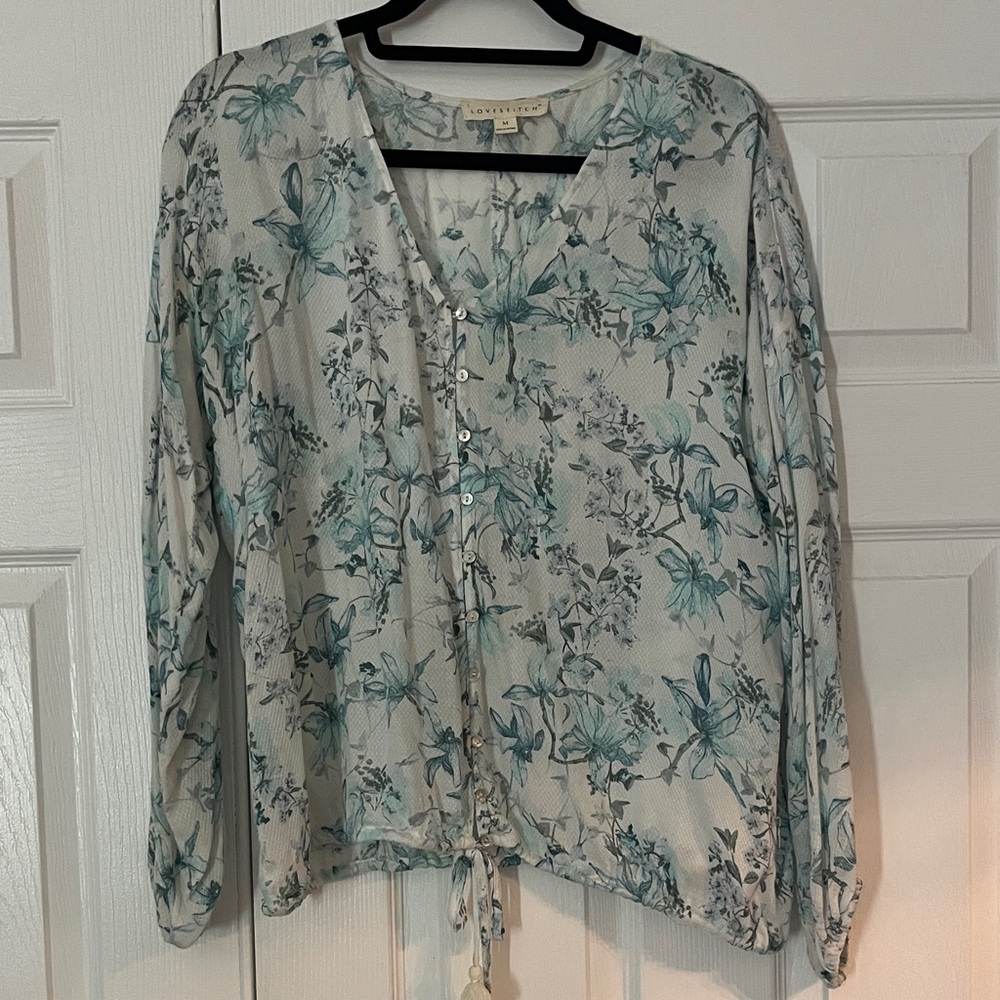 LoveStitch Cream Blouse with Teal Floral Print and Tie Hem